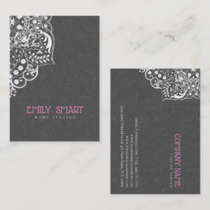 Elegant Grey Damasks White Lace Business Card