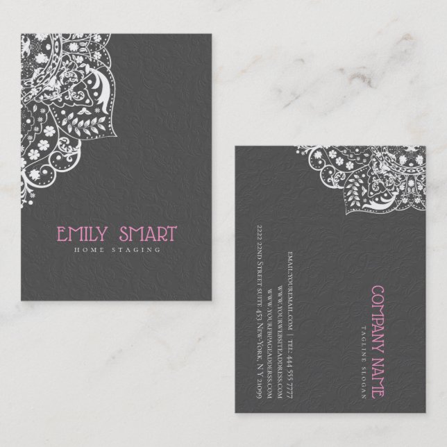 Elegant Grey Damasks White Lace Business Card (Front/Back)