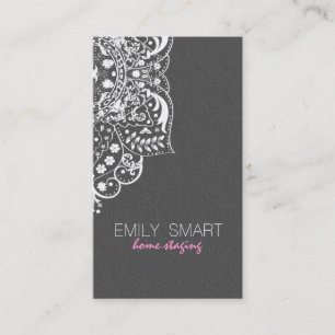 Elegant Grey Damasks White Vintage Lace 2 Business Card