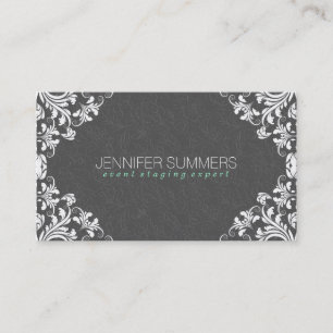 Elegant Grey Damasks White Vintage Lace Frame Business Card