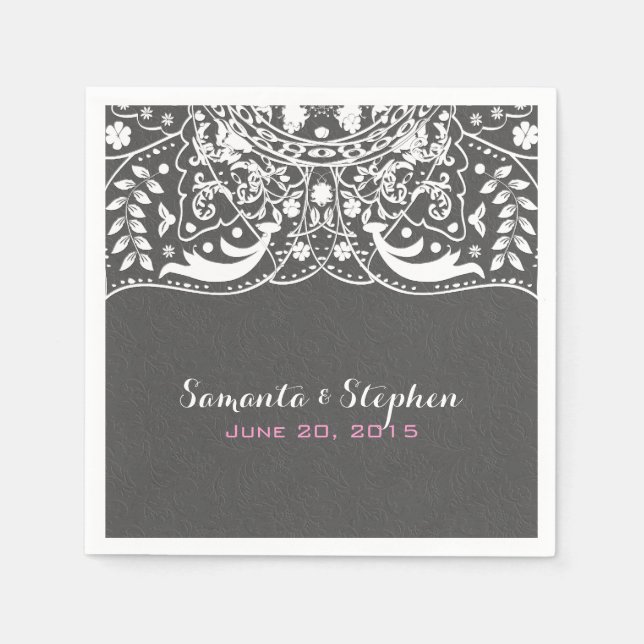 Elegant Grey Damasks White Vintage Lace Napkin (Front)