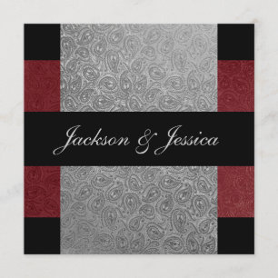 Elegant Grey Dark Red Paisley Engagement Party Invitation