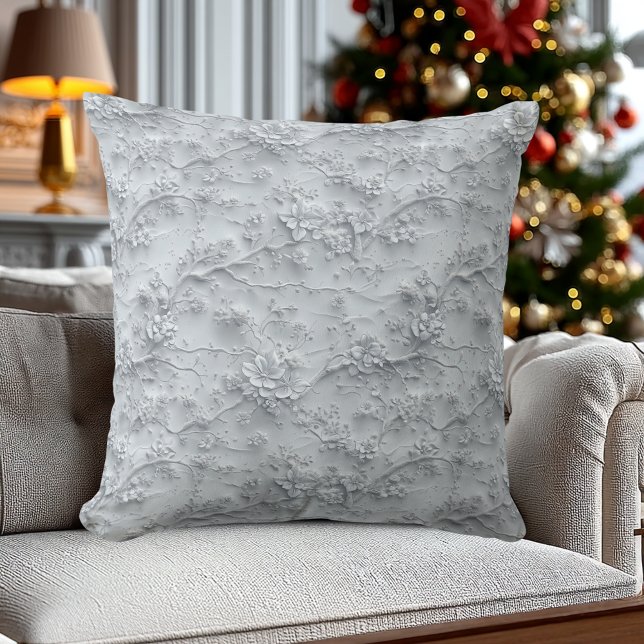 Elegant Grey Embroidered-Effect Floral  Cushion (Creator Uploaded)