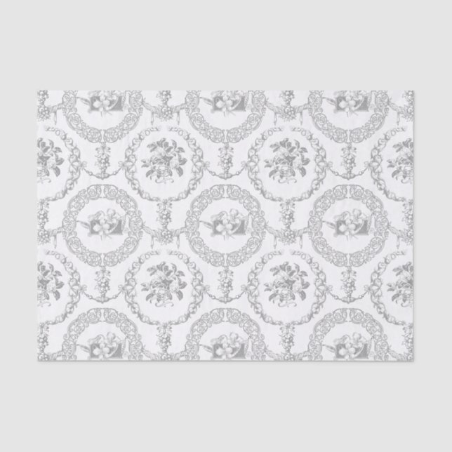 Elegant Grey Engraved Floral Medallions and Swags Tissue Paper (Front)