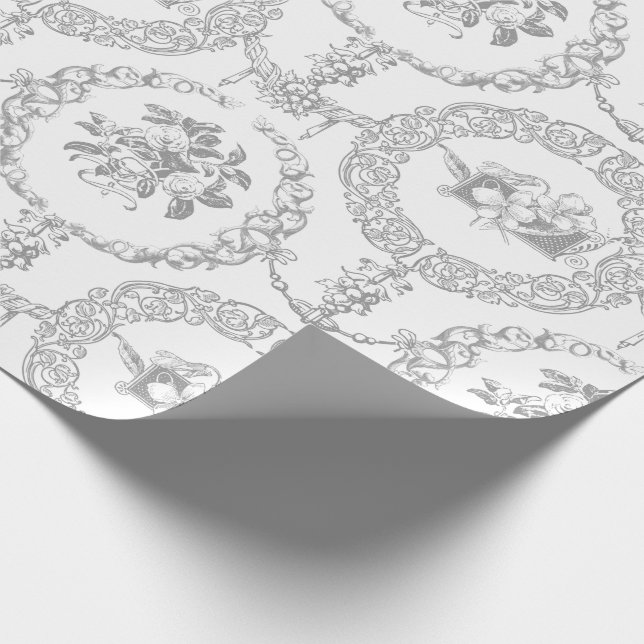 Elegant Grey Engraved Floral Medallions and Swags Wrapping Paper (Corner)