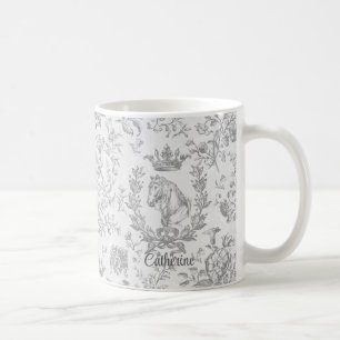 Elegant Grey Equestrian Floral Toile Name Coffee Mug