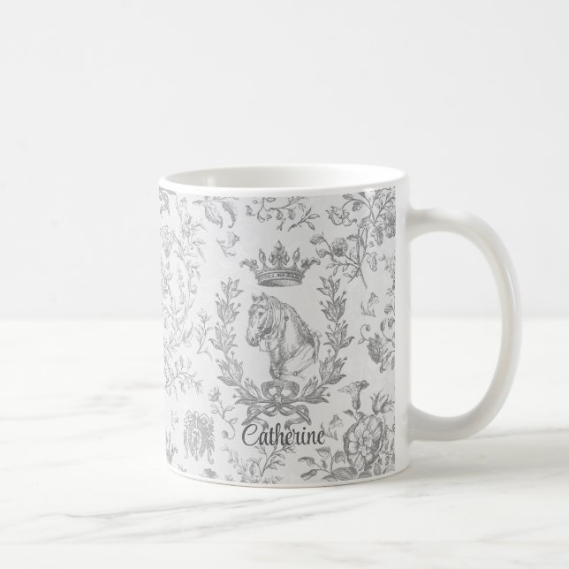 Elegant Grey Equestrian Floral Toile Name Coffee Mug (Right)