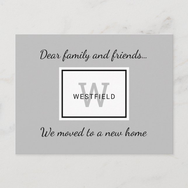 Elegant Grey Family Monogram New Home Moving Announcement Postcard (Front)