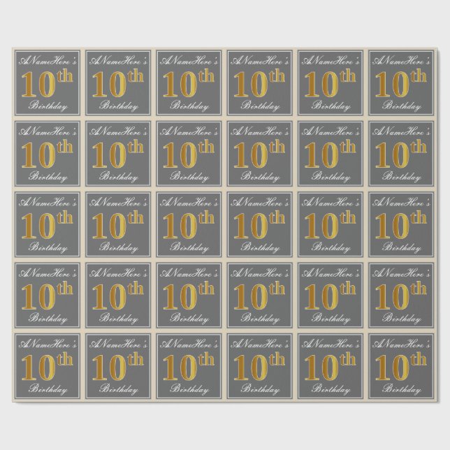Elegant, Grey, Faux Gold 10th Birthday + Name Wrapping Paper (Flat)