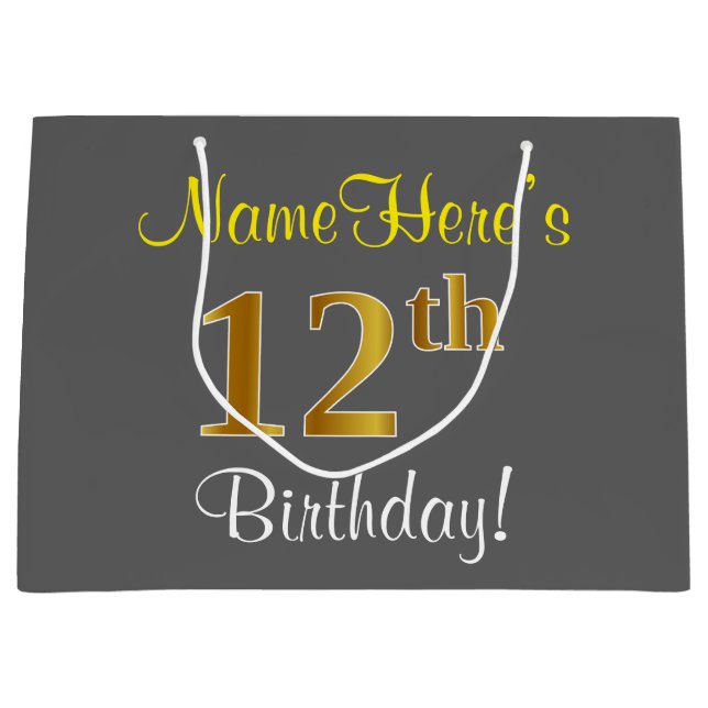Elegant, Grey, Faux Gold 12th Birthday + Name Large Gift Bag (Front)