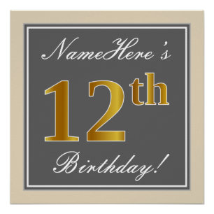 Elegant, Grey, Faux Gold 12th Birthday + Name Poster