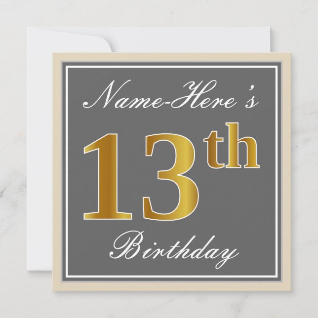 Elegant, Grey, Faux Gold 13th Birthday + Name Invitation (Front)