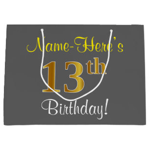 Elegant, Grey, Faux Gold 13th Birthday + Name Large Gift Bag