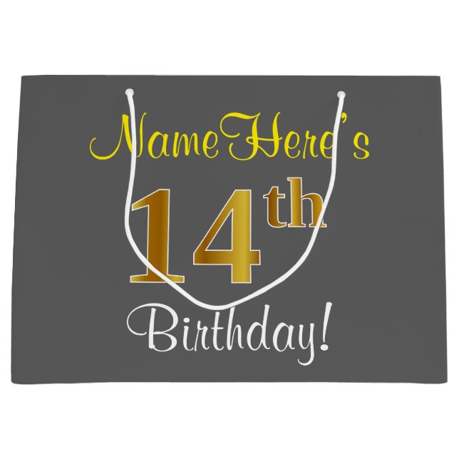 Elegant, Grey, Faux Gold 14th Birthday + Name Large Gift Bag (Front)