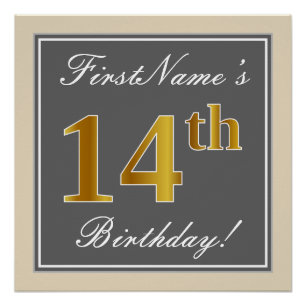 Elegant, Grey, Faux Gold 14th Birthday + Name Poster