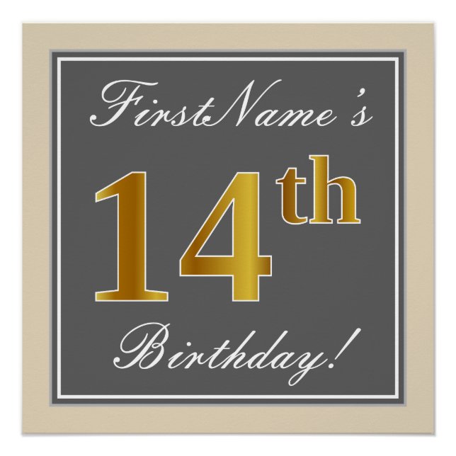 Elegant, Grey, Faux Gold 14th Birthday + Name Poster (Front)