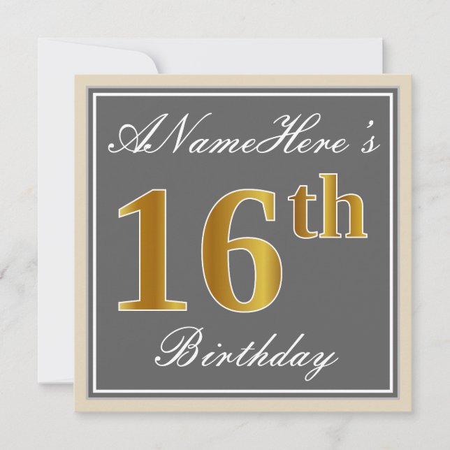 Elegant, Grey, Faux Gold 16th Birthday + Name Invitation (Front)