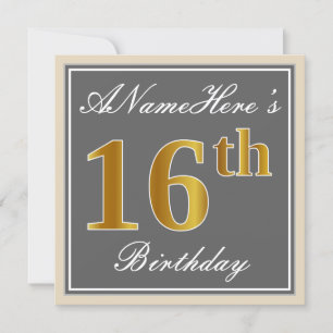 Elegant, Grey, Faux Gold 16th Birthday + Name Invitation