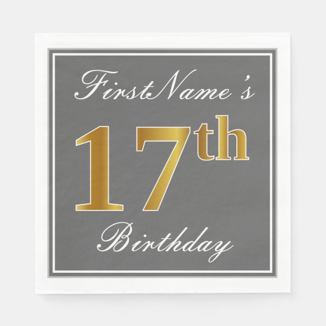 Elegant Grey, Faux Gold 17th Birthday; Custom Name Napkin (Front)