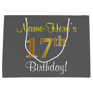 Elegant, Grey, Faux Gold 17th Birthday + Name Large Gift Bag