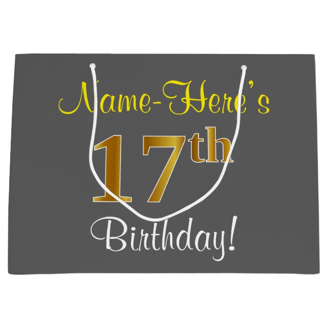 Elegant, Grey, Faux Gold 17th Birthday + Name Large Gift Bag (Front)