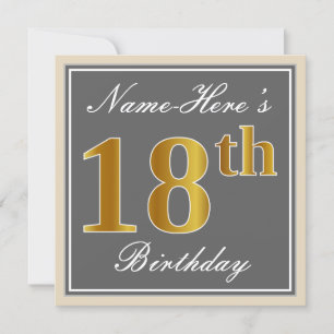 Elegant, Grey, Faux Gold 18th Birthday + Name Invitation