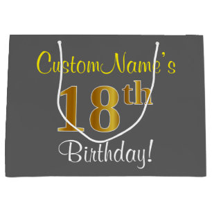 Elegant, Grey, Faux Gold 18th Birthday + Name Large Gift Bag