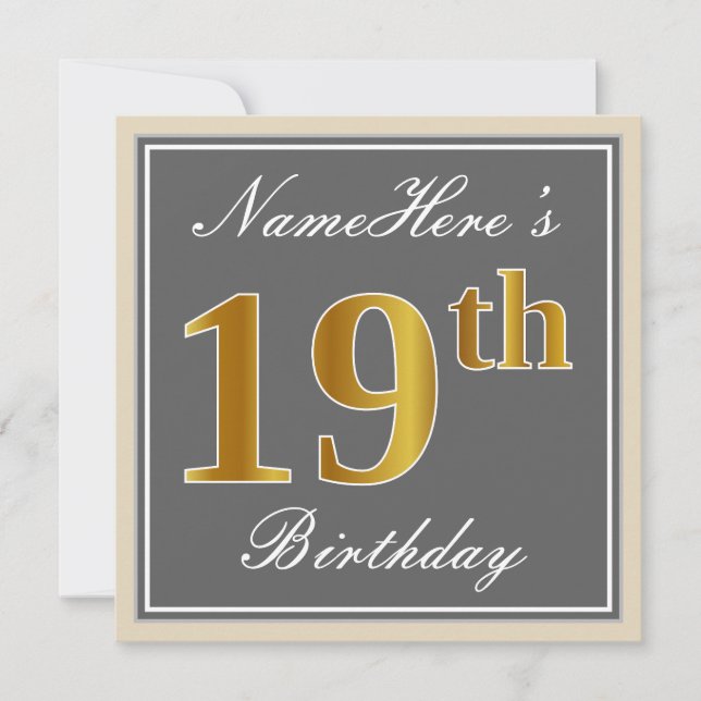 Elegant, Grey, Faux Gold 19th Birthday + Name Invitation (Front)