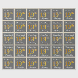 Elegant, Grey, Faux Gold 19th Birthday + Name Wrapping Paper