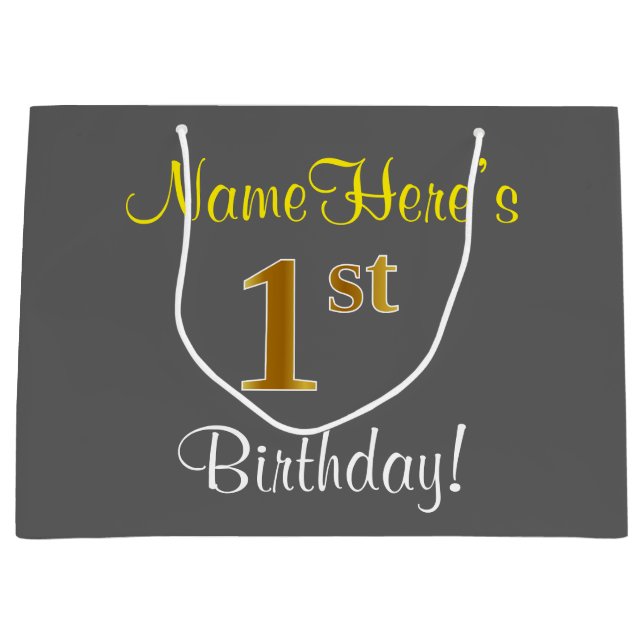 Elegant, Grey, Faux Gold 1st Birthday; Custom Name Large Gift Bag (Front)