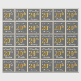 Elegant, Grey, Faux Gold 20th Birthday + Name Wrapping Paper