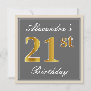 Elegant, Grey, Faux Gold 21st Birthday + Name Invitation