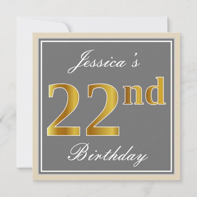 Elegant, Grey, Faux Gold 22nd Birthday + Name Invitation (Front)