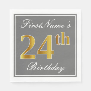 Elegant Grey, Faux Gold 24th Birthday; Custom Name Napkin