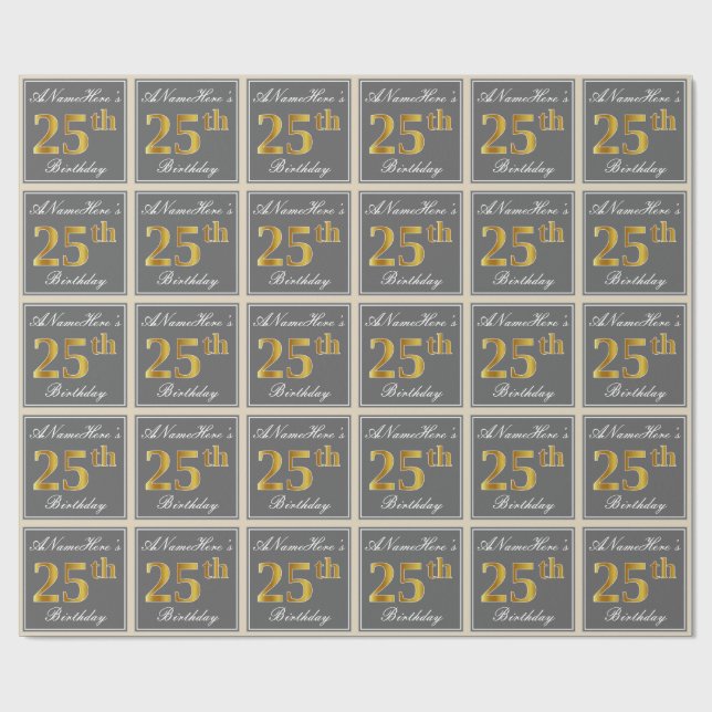 Elegant, Grey, Faux Gold 25th Birthday + Name Wrapping Paper (Flat)