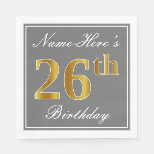 Elegant Grey, Faux Gold 26th Birthday; Custom Name Napkin