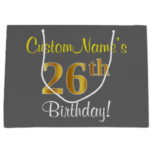 Elegant, Grey, Faux Gold 26th Birthday + Name Large Gift Bag
