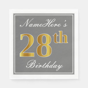 Elegant Grey, Faux Gold 28th Birthday; Custom Name Napkin