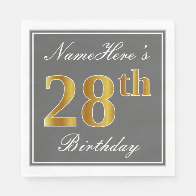 Elegant Grey, Faux Gold 28th Birthday; Custom Name Napkin (Front)