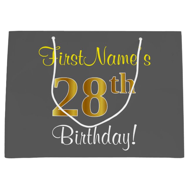 Elegant, Grey, Faux Gold 28th Birthday + Name Large Gift Bag (Front)