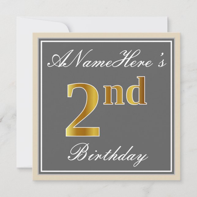 Elegant, Grey, Faux Gold 2nd Birthday; Custom Name Invitation (Front)