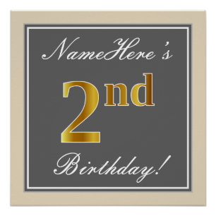 Elegant, Grey, Faux Gold 2nd Birthday; Custom Name Poster