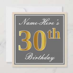 Elegant, Grey, Faux Gold 30th Birthday + Name Invitation
