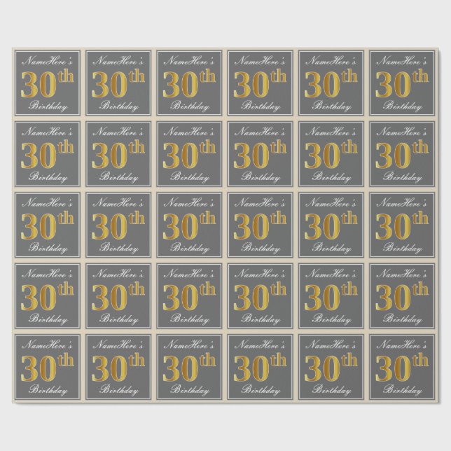 Elegant, Grey, Faux Gold 30th Birthday + Name Wrapping Paper (Flat)