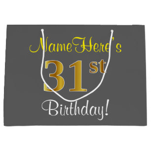 Elegant, Grey, Faux Gold 31st Birthday + Name Large Gift Bag