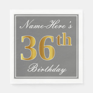 Elegant Grey, Faux Gold 36th Birthday; Custom Name Napkin