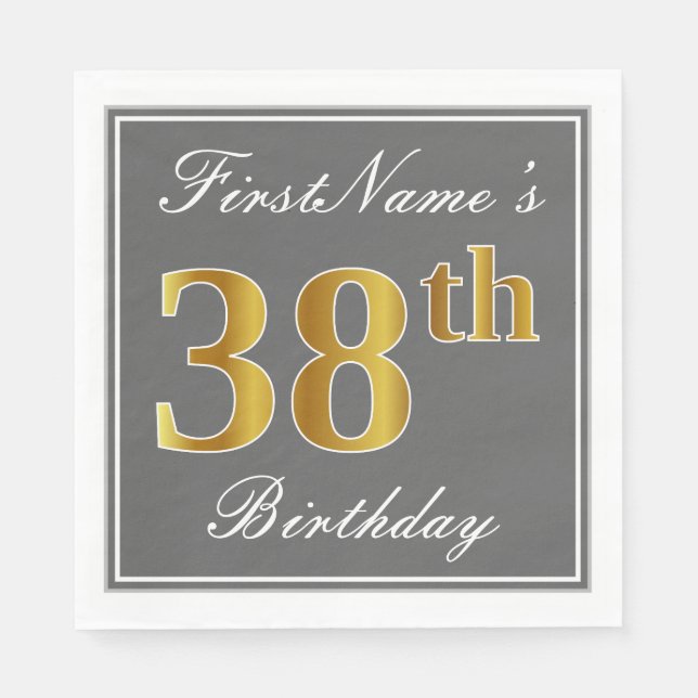 Elegant Grey, Faux Gold 38th Birthday; Custom Name Napkin (Front)