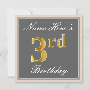 Elegant, Grey, Faux Gold 3rd Birthday; Custom Name Invitation