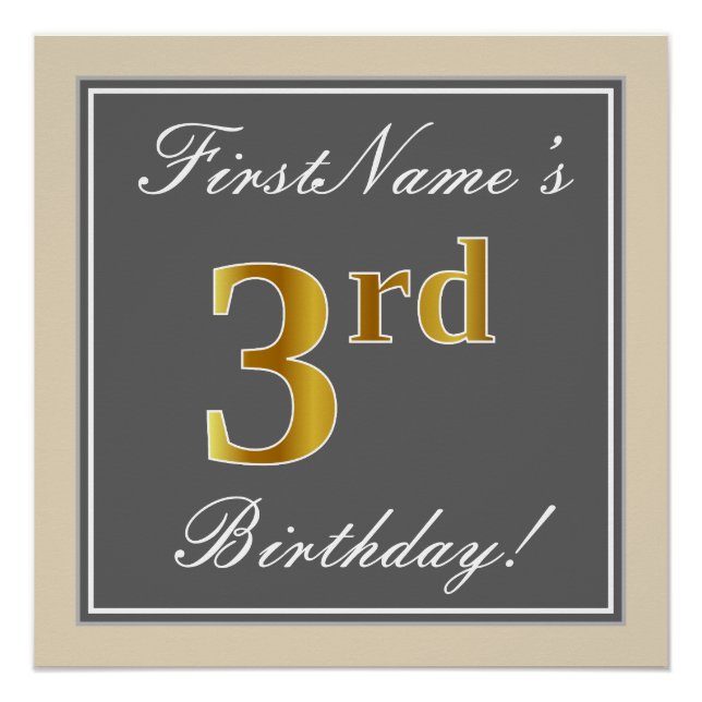 Elegant, Grey, Faux Gold 3rd Birthday; Custom Name Poster (Front)