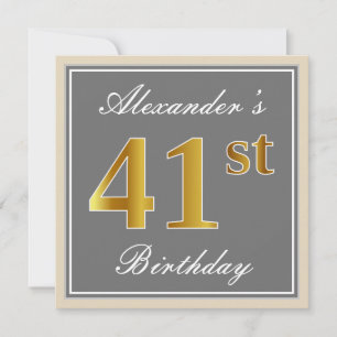 Elegant, Grey, Faux Gold 41st Birthday + Name Invitation